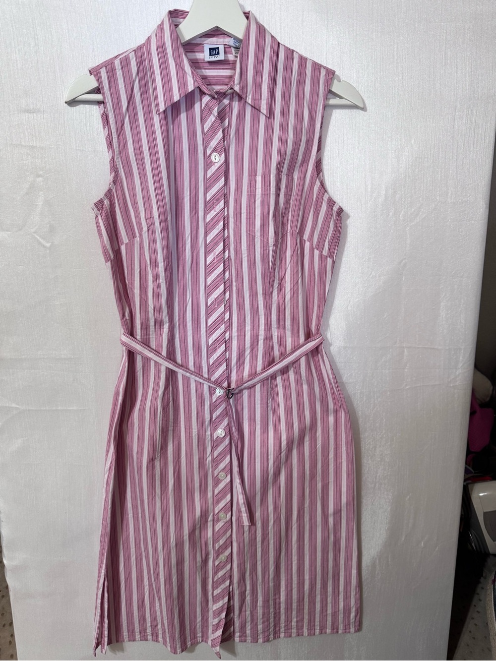 GAP Pink and White Sleeveless Striped Midi Shirt Dress